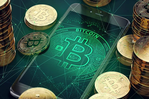 Smartphone con símbolo Bitcoin en pantalla entre montones de Bitcoins de oro. Concepto de transferencias de cadena de bloques. Renderizado 3D — Foto de Stock