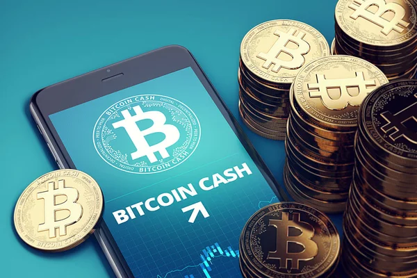 Bitcoin para büyüme grafik ekran arasında altın Bitcoin nakit para yığınları ile akıllı telefon. Gizli/Bch büyüme kavramı. 3D render