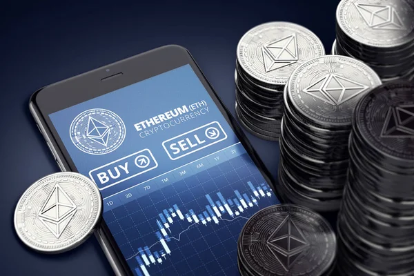 Smartphone Ethereum Trading Chart Screen Piles Ether Ethereum Trading Concept — Stock Photo, Image