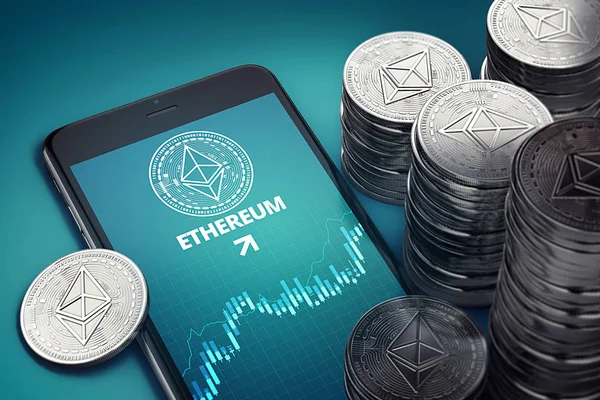 Smartphone with Ethereum growth chart on-screen among piles of Ether. Ethereum growth concept. 3D rendering