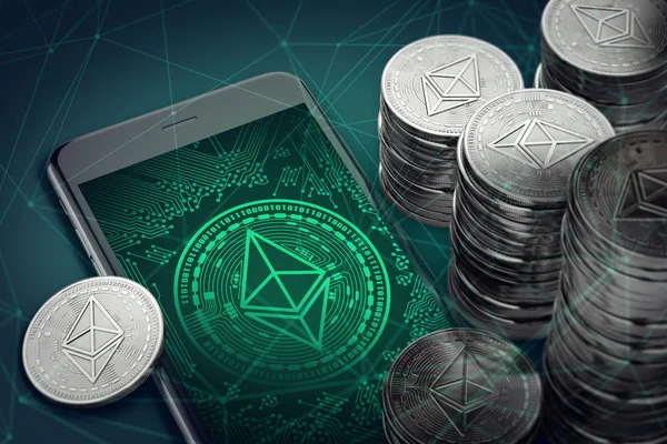 Smartphone with Ethereum symbol on-screen among piles of Ether. Ethereum blockchain technology concept. 3D rendering