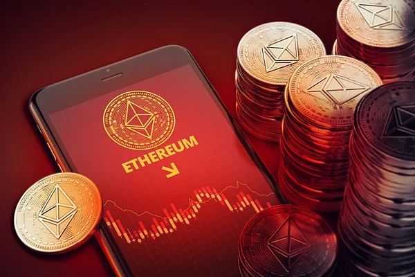Smartphone with Ethereum decline chart symbol on-screen among piles of Ether. Ethereum decline concept. 3D rendering