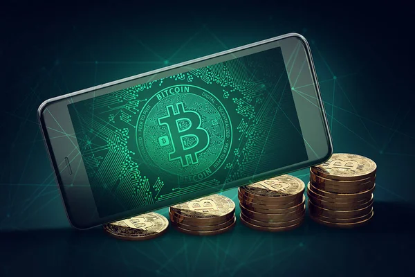 Smartphone ile Bitcoin simge ekran klavyesi altın Bitcoins yığınları büyüyen döşeme. Bitcoin büyüme kavramı. 3D render