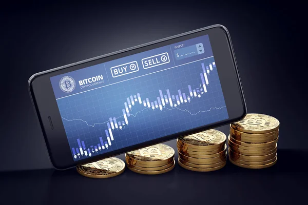 Smartphone Bitcoin ile grafik ekran altın Bitcoins yığınları büyüyen döşeme. Bitcoin büyüme kavramı. 3D render