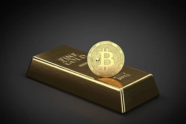 Goldener Bitcoin Der Auf Dem Goldbarren Barren Als Symbol Der — Stockfoto