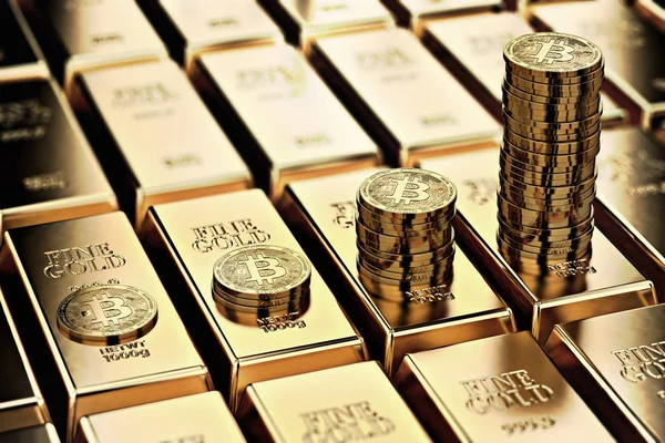Bitcoin stapelt sich auf Reihen von Goldbarren (Goldbarren). Bitcoin wächst weiter und es ist so wünschenswert wie Gold-Konzept. 3D-Darstellung — Stockfoto