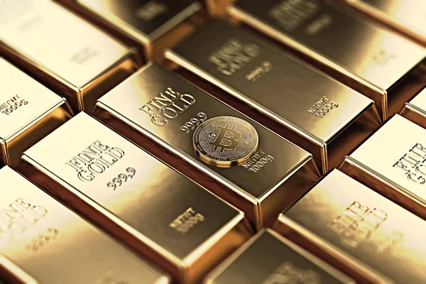 Bitcoin liegt auf gestapelten Goldbarren (Goldbarren), die mit geringer Schärfentiefe gerendert werden. Bitcoin so wünschenswert wie Gold-Konzept. 3D-Darstellung — Stockfoto