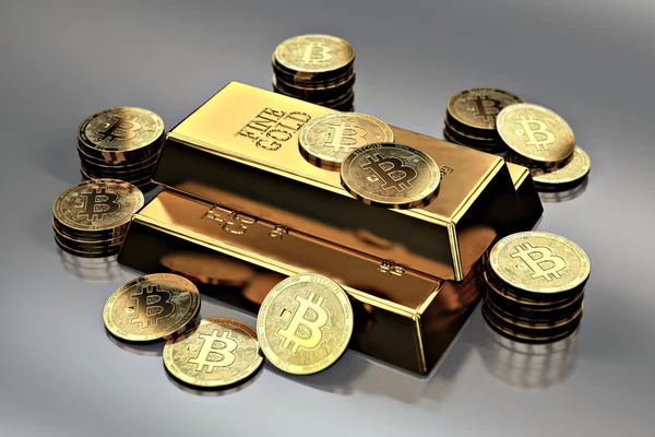 Stapel Goldener Bitcoins Rund Goldbarren Barren Bitcoin Als Zukünftiges Gold — Stockfoto