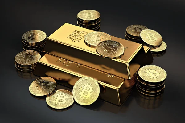 Stapel Von Bitcoins Und Goldbarren Barren Kryptowährungen Als Zukünftiges Gold — Stockfoto