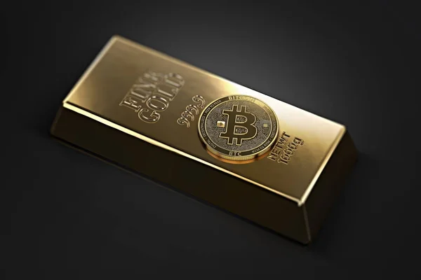 Goldene Bitcoin Auf Dem Goldbarren Barren Mit Kopierplatz Den Ecken — Stockfoto