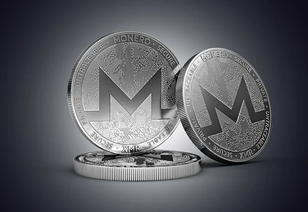Three Monero Cryptocurrency Physical Concept Coin Gently Lit Dark Background — Stock Photo, Image