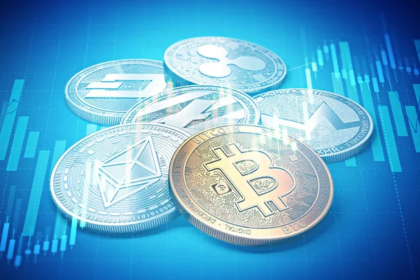 Cryptocurrencies success graphs with charts climbing up. Cryptocurrencies growth concept. 3D rendering — Stock Photo, Image