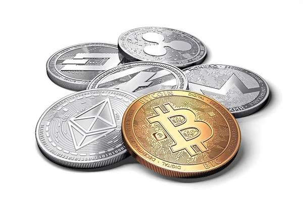 Pilha de criptomoedas: bitcoin, ethereum, litecoin, monero, traço, e moeda ondulação juntos, isolado em branco, renderização 3D — Fotografia de Stock