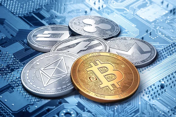 Stack of cryptocurrencies: bitcoin, ethereum, litecoin, monero, dash, and ripple coin together, 3D rendering. New virtual money. — Stock Photo, Image