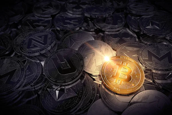 Grote stapel fysieke cryptocurrencies met Bitcoin aan de voorzijde als de leider van de nieuwe virtuele geld. 3D-rendering — Stockfoto