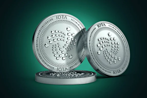 イオタ物理的な概念コインは優しく緑の背景を点灯します レンダリング 新しい仮想マネー — ストック写真