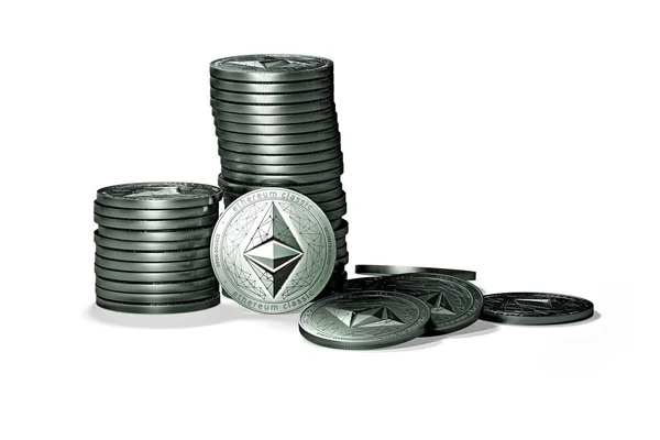 白い背景で隔離の Ethereum 古典的な その他 コインのビッグ スタック など成長の概念 レンダリング 新しい仮想マネー — ストック写真