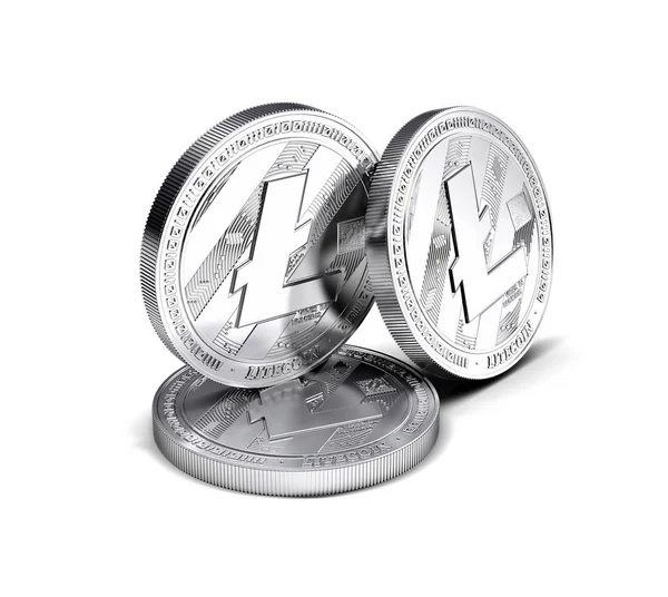 Tři Mince Fyzické Pojetí Litecoin Ltc Oddělena Bílém Pozadí Vykreslování — Stock fotografie