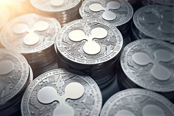 Paralar (Xrp) güneş parlama ile bulanık closeup dalgalanma. Yeni cryptocurrency ve modern bankacılık kavramı. 3D render.