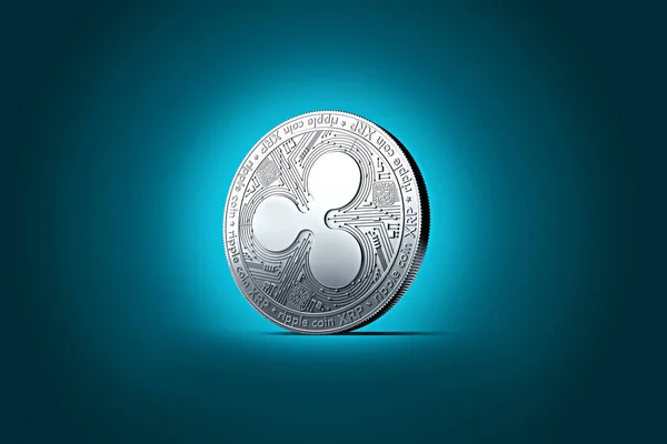 Silver Ripple (XRP) coin on a gently lit turquoise background. 3D rendering (new virtual money)