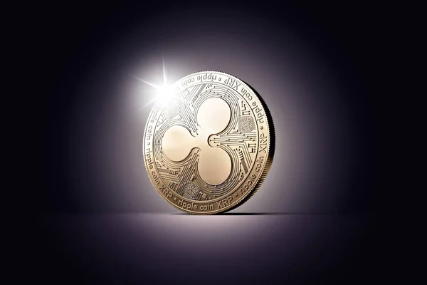 One golden Ripple coin (XRP) on a gently lit dark background. New virtual money, 3D render