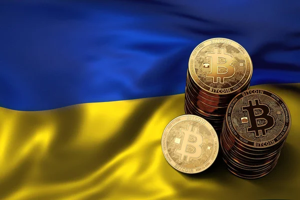 Verem Bitcoin Érmék Ukrán Zászló Bitcoin Egyéb Cryptocurrencies Fogalom Ukrajna — Stock Fotó