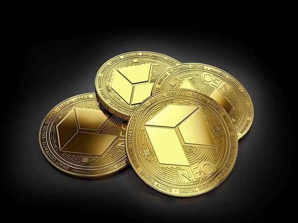 Stack Four Golden Neo Coins Laying Black Background Rendering — Stock Photo, Image
