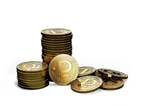 Yığın veya beyaz arka plan üzerinde izole kripto Rublesi cryptocurrency yığınları. Kavram yazı tura. 3D render
