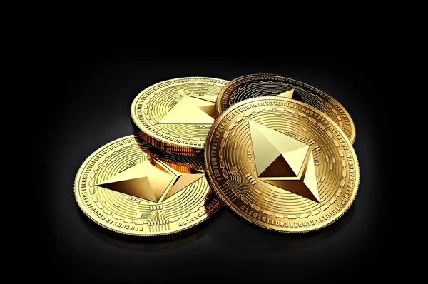 黒の背景を置くこと つの黄金の Ethereum コインのスタック レンダリング — ストック写真