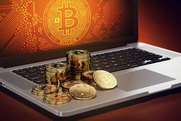 Bilgisayarla iletişim Bitcoin logosu ekranda döşeme Bitcoin kazık. Bitcoin düşüş kavramı. 3D render