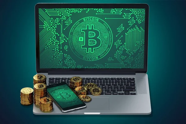 Computer Smart Phone Bitcoin Symbol Screen Piles Golden Bitcoin Bitcoin — Stock Photo, Image