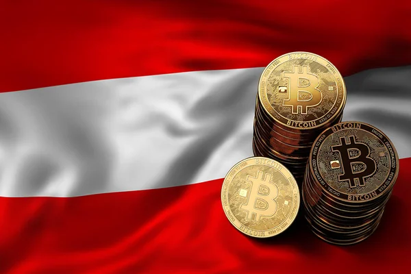 Stack Bitcoin Coins Austrian Flag Situation Bitcoin Other Cryptocurrencies Austria — Stock Photo, Image