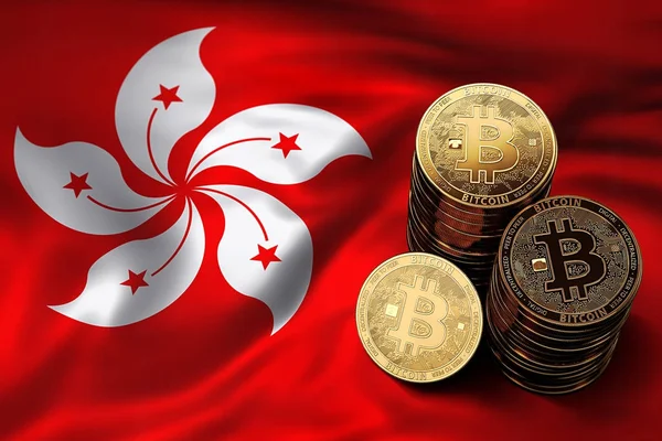 Bitcoin yığını Hong Kong bayrağı paraları. Bitcoin ve diğer cryptocurrencies Hong Kong kavram durumu. 3D render