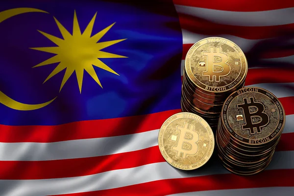 Verem a Bitcoin érmék malajziai zászló. Bitcoin és egyéb cryptocurrencies fogalom Malajzia helyzetének. 3D-leképezés — Stock Fotó