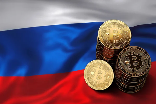 Bitcoin yığını Rus bayrağı paraları. Bitcoin ve diğer cryptocurrencies Rusya kavram durumu. 3D render