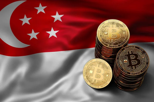 Bitcoin yığını Singapurlu bayrağı paraları. Bitcoin ve diğer cryptocurrencies Singapur kavram durumu. 3D render