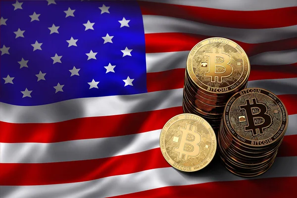 Bitcoin yığını ABD bayrağı paraları. Bitcoin ve diğer cryptocurrencies ABD kavram durumu. 3D render