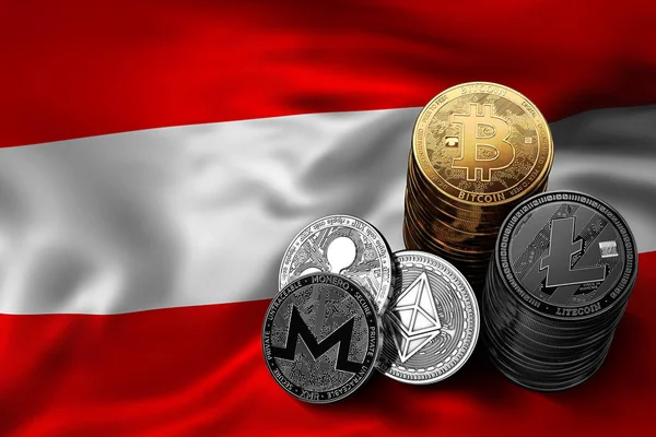 Verem Bitcoin Érme Osztrák Zászló Bitcoin Egyéb Cryptocurrencies Fogalom Ausztria — Stock Fotó