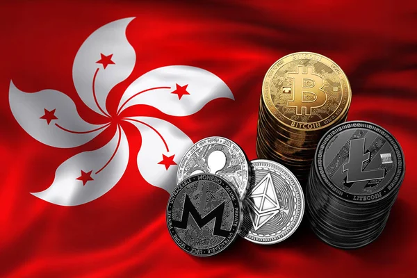 Bitcoin yığını Hong Kong bayrağı paraları. Bitcoin ve diğer cryptocurrencies Hong Kong kavram durumu. 3D render