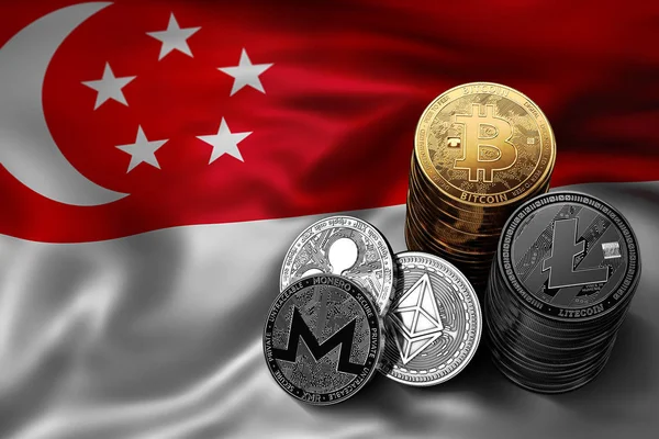 Pila di monete Bitcoin sulla bandiera singaporiana. Situazione di Bitcoin e altre criptovalute nel concetto di Singapore. Rendering 3D — Foto Stock