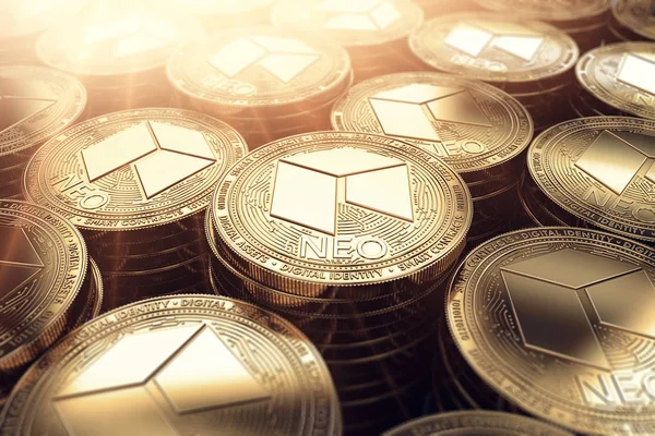 Neo Coins Blurry Closeup Sunburst Neo Coin Growth Concept Rendering — Stock Photo, Image
