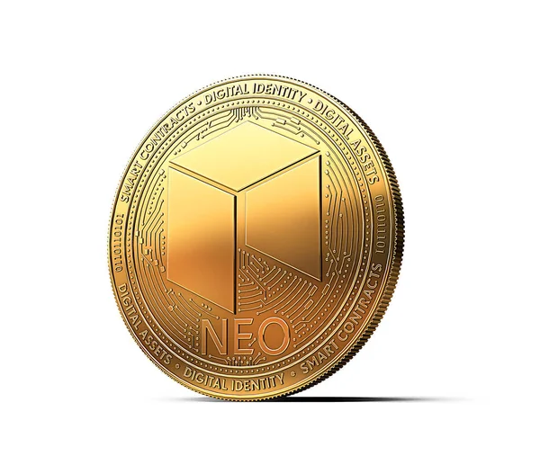 Золотой Neo Криптовалюта Физическая Концепция Монеты Изолированы Белом Фоне Рендеринг — стоковое фото