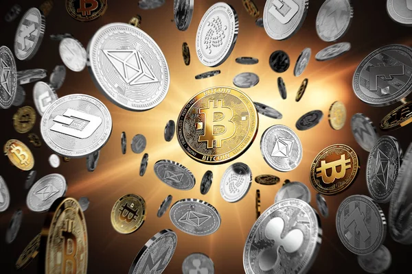 Flying altcoins with Bitcoin in the center as the leader. Bitcoin as most important cryptocurrency concept. 3D illustration — Stock Photo, Image
