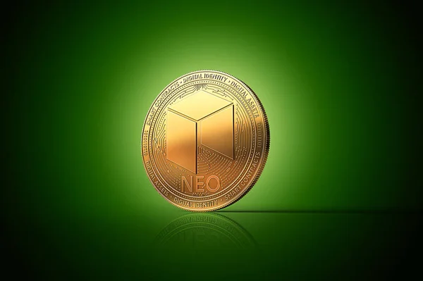 ゴールデンのネオ Cryptocurrency 物理的な概念コインには優しく緑の背景を点灯します レンダリング — ストック写真