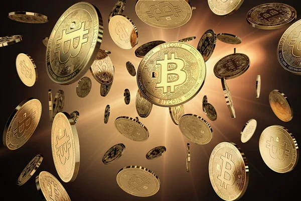 Işıklı bir arka plan üzerinde dağınık Bitcoins. Başarı ve büyüme kavramı. Kapakları, poster, afiş ve diğer reklam projeleri için mükemmel. 3D render