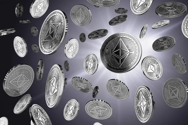 Işıklı bir arka plan üzerinde dağınık Ethereum paralar. Başarı ve büyüme kavramı. Kapakları, poster, afiş ve diğer reklam projeleri için mükemmel. 3D render
