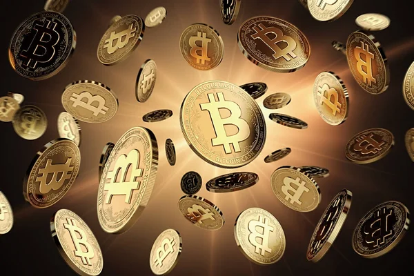 Розсіяні Bitcoin Готівку Монети Освітленій Фоні Успіху Зростання Концепції Ідеально — стокове фото
