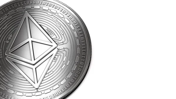 Gümüş Ethereum (Eth) nerede metin veya grafik yerleştirebilirsiniz kopya alanı sağdaki bir kadeh makro. Beyaz izole. 3D render
