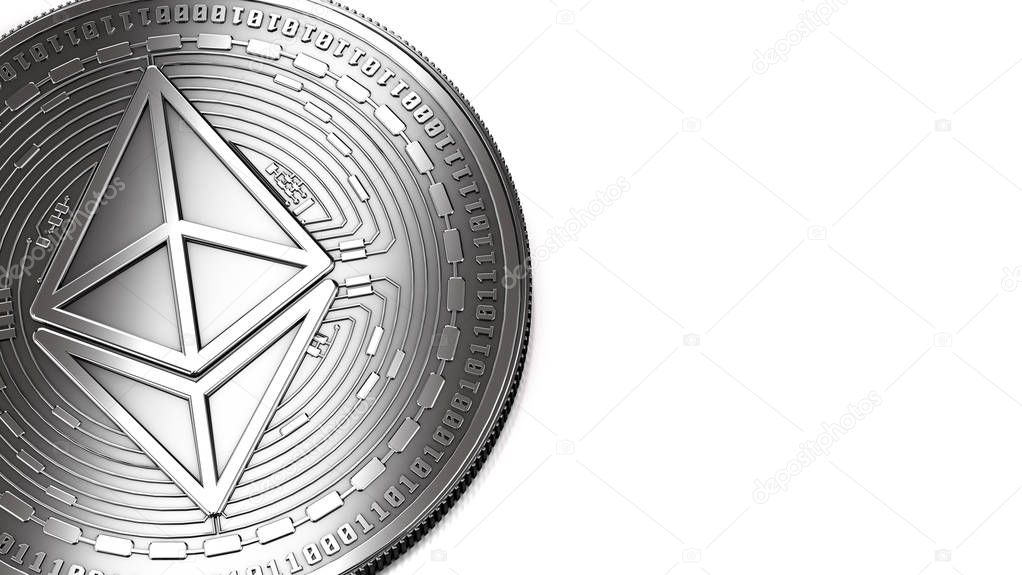 Macro shot of silver Ethereum (ETH) and copy space on the right where you can place your text or chart. Isolated on white. 3D rendering