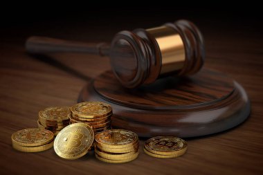 Yığın veya Bitcoin mahkemede yığınları. Bitcoin vergi ve yasal sorunlar kavramı. 3D render
